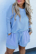 Load image into Gallery viewer, Light Blue Plus Size Ribbed Long Sleeve Top and Drawstring Shorts Set - Fashion Queen - 1