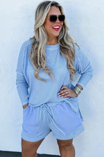 Load image into Gallery viewer, Light Blue Plus Size Ribbed Long Sleeve Top and Drawstring Shorts Set - Fashion Queen - 2