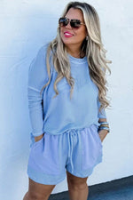Load image into Gallery viewer, Light Blue Plus Size Ribbed Long Sleeve Top and Drawstring Shorts Set - Fashion Queen - 3