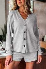 Load image into Gallery viewer, Light Grey 3 Pieces Rib Crop Camisole Matching Shorts Lounge Set with Cardigan - Fashion Queen - 17