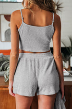 Load image into Gallery viewer, Light Grey 3 Pieces Rib Crop Camisole Matching Shorts Lounge Set with Cardigan - Fashion Queen - 18