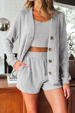Load image into Gallery viewer, Light Grey 3 Pieces Rib Crop Camisole Matching Shorts Lounge Set with Cardigan - Fashion Queen - 19