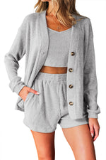 Load image into Gallery viewer, Light Grey 3 Pieces Rib Crop Camisole Matching Shorts Lounge Set with Cardigan - Fashion Queen - 21