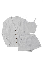 Load image into Gallery viewer, Light Grey 3 Pieces Rib Crop Camisole Matching Shorts Lounge Set with Cardigan - Fashion Queen - 26