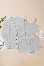 Load image into Gallery viewer, Light Grey 3 Pieces Rib Crop Camisole Matching Shorts Lounge Set with Cardigan - Fashion Queen - 3
