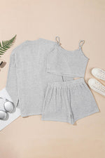 Load image into Gallery viewer, Light Grey 3 Pieces Rib Crop Camisole Matching Shorts Lounge Set with Cardigan - Fashion Queen - 4
