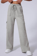Load image into Gallery viewer, Light Grey Multi Pockets Lace-up High Waist Wide Leg Workout Pants - Fashion Queen - 1