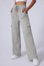 Load image into Gallery viewer, Light Grey Multi Pockets Lace-up High Waist Wide Leg Workout Pants - Fashion Queen - 3
