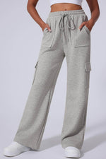 Load image into Gallery viewer, Light Grey Multi Pockets Lace-up High Waist Wide Leg Workout Pants - Fashion Queen - 4