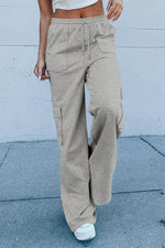 Load image into Gallery viewer, Light Grey Multi Pockets Lace-up High Waist Wide Leg Workout Pants - Fashion Queen - 7