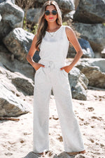 Load image into Gallery viewer, Light Grey Solid Color Crew Neck Drawstring High Waist Sleeveless Jumpsuit - Fashion Queen - 10