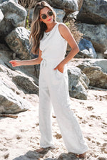 Load image into Gallery viewer, Light Grey Solid Color Crew Neck Drawstring High Waist Sleeveless Jumpsuit - Fashion Queen - 12