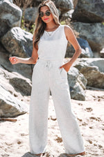 Load image into Gallery viewer, Light Grey Solid Color Crew Neck Drawstring High Waist Sleeveless Jumpsuit - Fashion Queen - 14