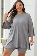 Load image into Gallery viewer, Light Grey Solid Color Loose Tunic Top and Slim Shorts Set - Fashion Queen - 12