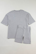 Load image into Gallery viewer, Light Grey Solid Color Loose Tunic Top and Slim Shorts Set - Fashion Queen - 16