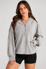 Load image into Gallery viewer, Light Grey Solid Kangaroo Pocket Half Zipper Oversized Hoodie - Fashion Queen - 3