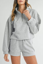 Load image into Gallery viewer, Light Grey Stand Neck Zipped Sweatshirt and Shorts Set - Fashion Queen - 1