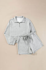 Load image into Gallery viewer, Light Grey Stand Neck Zipped Sweatshirt and Shorts Set - Fashion Queen - 19