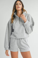 Load image into Gallery viewer, Light Grey Stand Neck Zipped Sweatshirt and Shorts Set - Fashion Queen - 2
