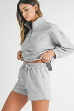 Load image into Gallery viewer, Light Grey Stand Neck Zipped Sweatshirt and Shorts Set - Fashion Queen - 3