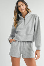 Load image into Gallery viewer, Light Grey Stand Neck Zipped Sweatshirt and Shorts Set - Fashion Queen - 5