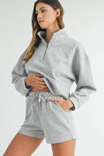 Load image into Gallery viewer, Light Grey Stand Neck Zipped Sweatshirt and Shorts Set - Fashion Queen - 7