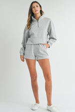 Load image into Gallery viewer, Light Grey Stand Neck Zipped Sweatshirt and Shorts Set - Fashion Queen - 8