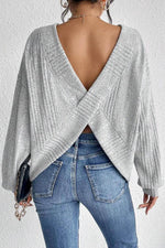 Load image into Gallery viewer, Light Grey Textured Crossover Backless Knit Long Sleeve Top - Fashion Queen - 1