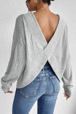 Load image into Gallery viewer, Light Grey Textured Crossover Backless Knit Long Sleeve Top - Fashion Queen - 3
