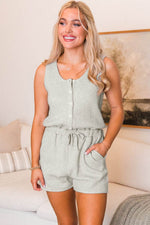 Load image into Gallery viewer, Light Grey Waffle Knit Sleeveless Buttoned Front Drawstring Waist Romper - Fashion Queen - 13