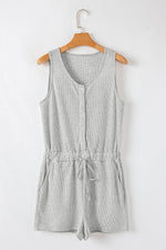 Load image into Gallery viewer, Light Grey Waffle Knit Sleeveless Buttoned Front Drawstring Waist Romper - Fashion Queen - 14