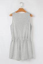 Load image into Gallery viewer, Light Grey Waffle Knit Sleeveless Buttoned Front Drawstring Waist Romper - Fashion Queen - 15