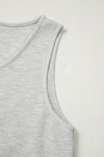 Load image into Gallery viewer, Light Grey Waffle Knit Sleeveless Buttoned Front Drawstring Waist Romper - Fashion Queen - 17