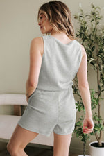 Load image into Gallery viewer, Light Grey Waffle Knit Sleeveless Buttoned Front Drawstring Waist Romper - Fashion Queen - 2