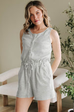 Load image into Gallery viewer, Light Grey Waffle Knit Sleeveless Buttoned Front Drawstring Waist Romper - Fashion Queen - 4