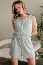 Load image into Gallery viewer, Light Grey Waffle Knit Sleeveless Buttoned Front Drawstring Waist Romper - Fashion Queen - 5