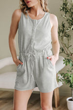 Load image into Gallery viewer, Light Grey Waffle Knit Sleeveless Buttoned Front Drawstring Waist Romper - Fashion Queen - 8