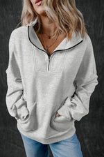 Load image into Gallery viewer, Light Grey Zip-up Stand Neck Kangaroo Pocket Sweatshirt - Fashion Queen - 1