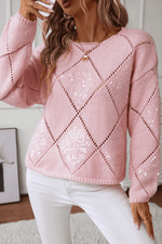 Load image into Gallery viewer, Light Pink Hollowed Rhombus Pattern Sequin Detail Round Neck Sweater - Fashion Queen - 1