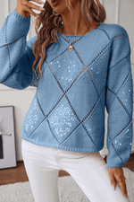 Load image into Gallery viewer, Light Pink Hollowed Rhombus Pattern Sequin Detail Round Neck Sweater - Fashion Queen - 10