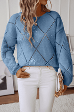 Load image into Gallery viewer, Light Pink Hollowed Rhombus Pattern Sequin Detail Round Neck Sweater - Fashion Queen - 13