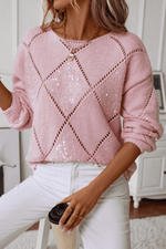 Load image into Gallery viewer, Light Pink Hollowed Rhombus Pattern Sequin Detail Round Neck Sweater - Fashion Queen - 6