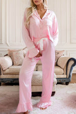 Load image into Gallery viewer, Light Pink Satin Knot Accent Shirt and Ruffled Pants Lounge Set - Fashion Queen - 1