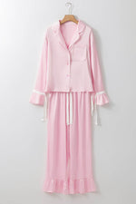 Load image into Gallery viewer, Light Pink Satin Knot Accent Shirt and Ruffled Pants Lounge Set - Fashion Queen - 5