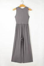 Load image into Gallery viewer, Medium Grey Cinched Waist Sleeveless Wide Leg Jumpsuit - Fashion Queen - 3