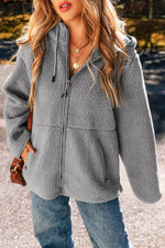 Load image into Gallery viewer, Medium Grey Fleece Zip Up Drawstring Hooded Pocketed Jacket - Fashion Queen - 1