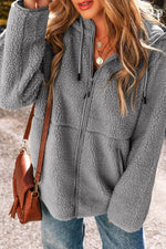 Load image into Gallery viewer, Medium Grey Fleece Zip Up Drawstring Hooded Pocketed Jacket - Fashion Queen - 3