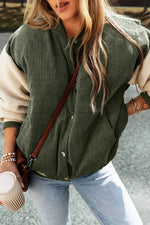 Load image into Gallery viewer, Mist Green Corduroy Fleece Patchwork Buttoned Bomber Jacket - Fashion Queen - 4