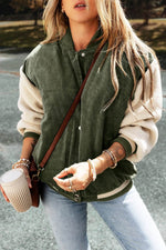 Load image into Gallery viewer, Mist Green Corduroy Fleece Patchwork Buttoned Bomber Jacket - Fashion Queen - 5