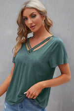Load image into Gallery viewer, Mist Green Crisscross V Neck Butterfly Sleeve T Shirt - Fashion Queen - 3